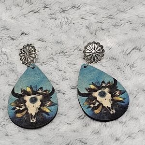 Boho-Chic Western Cowboy Teardrop Wooden Earrings with Bull Skull Print, Rustic